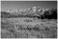 View from Roosevelt Elkhorn Ranch site. Theodore Roosevelt National Park, North Dakota, USA. (black and white)