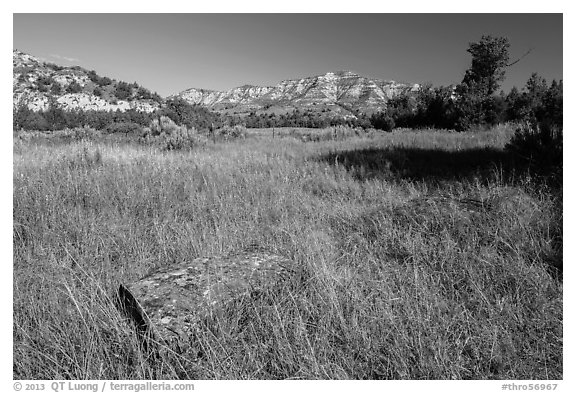 Roosevelt Elkhorn Ranch site with foundation stone. Theodore Roosevelt National Park, North Dakota, USA.