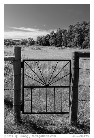 Entrance gate to Roosevelt Elkhorn Ranch site. Theodore Roosevelt National Park (black and white)