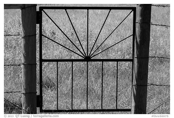 Detail of motif of gate to Elkhorn Ranch. Theodore Roosevelt National Park (black and white)