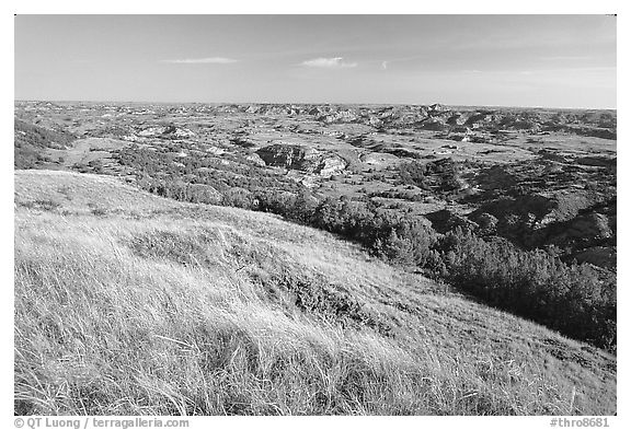 Prairie and badlands from Buck Hill, early morning. Theodore Roosevelt National Park (black and white)