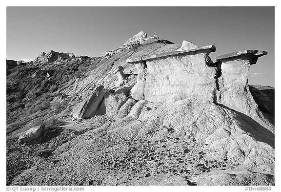 Erosion formations with caprocks, South Unit. Theodore Roosevelt National Park (black and white)