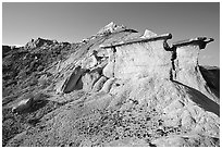 Erosion formations with caprocks, South Unit. Theodore Roosevelt National Park, North Dakota, USA. (black and white)