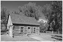 Roosevelt's Maltese Cross Cabin, afternoon. Theodore Roosevelt National Park, North Dakota, USA. (black and white)