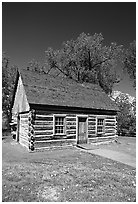 Roosevelt's Maltese Cross Cabin, afternoon. Theodore Roosevelt National Park, North Dakota, USA. (black and white)