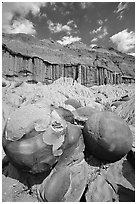 Cannon ball concretions and erosion formations. Theodore Roosevelt National Park, North Dakota, USA. (black and white)