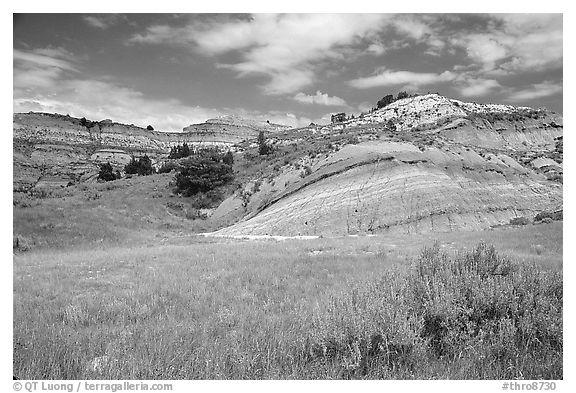 Slump blocks, North Unit. Theodore Roosevelt National Park (black and white)