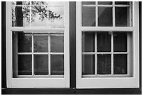 Pine, hill, building, Visitor center window reflexion. Wind Cave National Park, South Dakota, USA. (black and white)