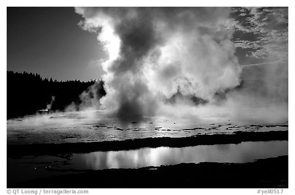 Great Fountain geyser eruption. Yellowstone National Park (black and white)
