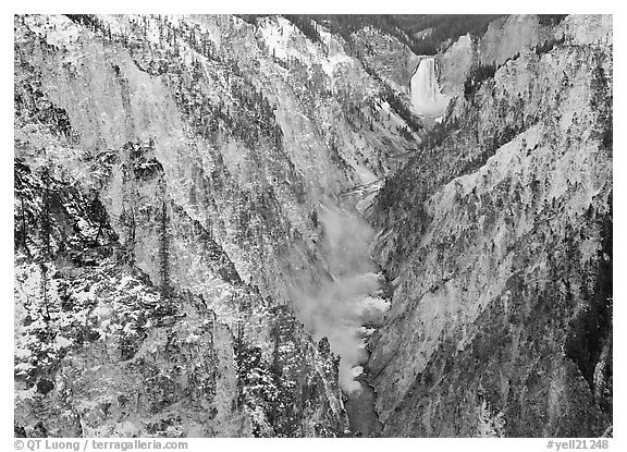 Grand Canyon of Yellowstone and Lower Falls with snow dusting. Yellowstone National Park, Wyoming, USA.