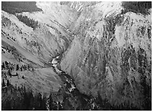 River and Walls of the Grand Canyon of Yellowstone, dusk. Yellowstone National Park, Wyoming, USA. (black and white)