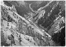 River and Walls of the Grand Canyon of Yellowstone, dusk. Yellowstone National Park, Wyoming, USA. (black and white)