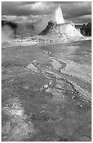 Castle Geyser in Upper Geyser Basin. Yellowstone National Park, Wyoming, USA. (black and white)