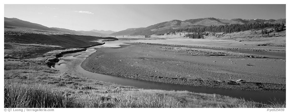 Wide valley and stream in summer. Yellowstone National Park (black and white)