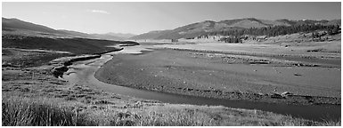 Wide valley and stream in summer. Yellowstone National Park (Panoramic black and white)
