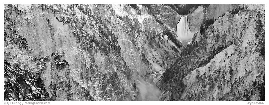 Yellowstone River falls in early winter. Yellowstone National Park (black and white)