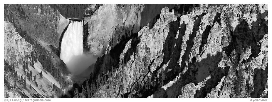 Canyon landscape with waterfall. Yellowstone National Park (black and white)