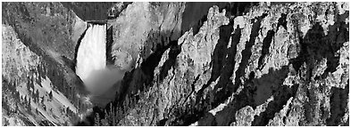 Canyon landscape with waterfall. Yellowstone National Park (Panoramic black and white)