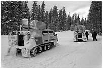 Snowcoaches on snow-covered road. Yellowstone National Park, Wyoming, USA. (black and white)