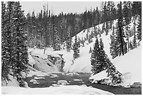 Lewis Falls in winter. Yellowstone National Park, Wyoming, USA. (black and white)