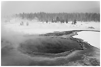 Crested Pool in winter. Yellowstone National Park, Wyoming, USA. (black and white)