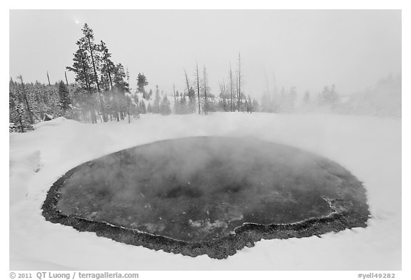Morning Glory Pool, winter. Yellowstone National Park (black and white)