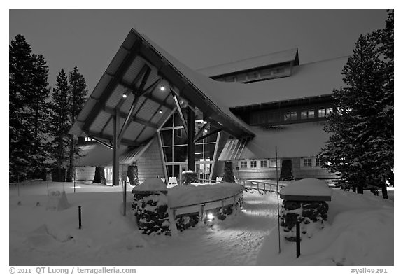 New Visitor Center at night. Yellowstone National Park (black and white)