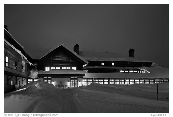 Old Faithful Snow Lodge at dusk, winter. Yellowstone National Park (black and white)