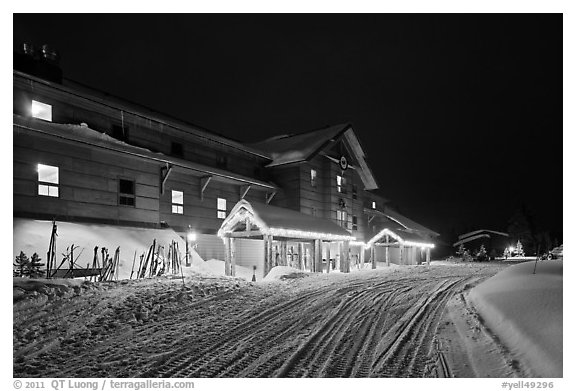 Old Faithful Snow Lodge at night, winter. Yellowstone National Park (black and white)