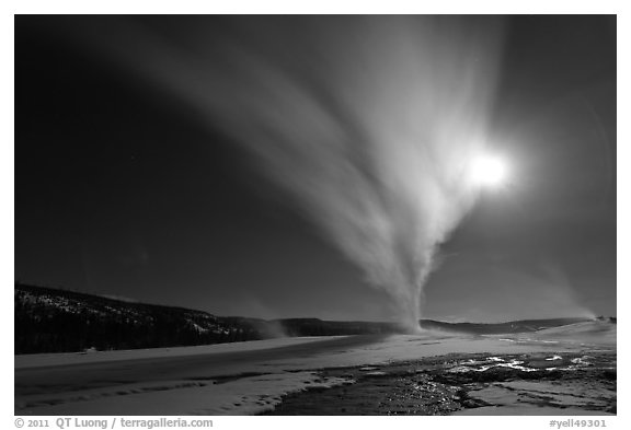 Old Faithful Geyser erupts at night. Yellowstone National Park (black and white)