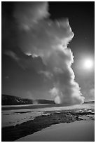 Old Faithful Geyser in the winter with moon. Yellowstone National Park, Wyoming, USA. (black and white)