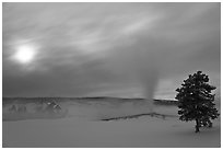 Old Faithful geyser, moon and clouds. Yellowstone National Park, Wyoming, USA. (black and white)