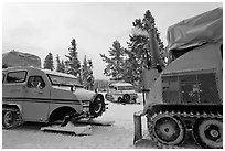 Bombardier snowcoaches. Yellowstone National Park, Wyoming, USA. (black and white)