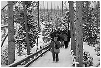 Tourists on boardwalk in winter. Yellowstone National Park, Wyoming, USA. (black and white)