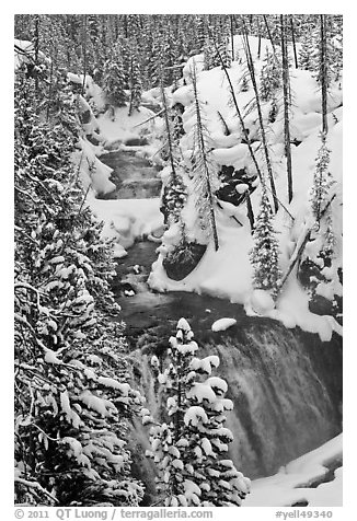 Kepler Cascades of the Firehole River in winter. Yellowstone National Park (black and white)