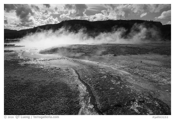 Water runoff from hot springs, Biscuit Basin. Yellowstone National Park (black and white)