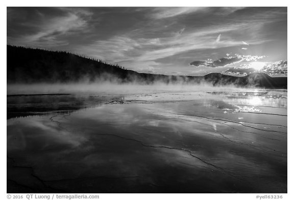 Sunset, Grand Prismatic Springs. Yellowstone National Park (black and white)