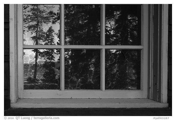 Yellowstone Lake, Fishing Bridge Visitor Center window reflexion. Yellowstone National Park (black and white)