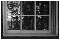 Yellowstone Lake, Fishing Bridge Visitor Center window reflexion. Yellowstone National Park ( black and white)