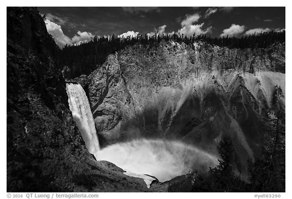 Lower Falls of the Yellowstone River with rainbow. Yellowstone National Park (black and white)
