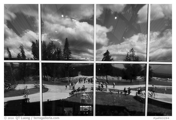 Old Faithful Geyser, Old Faithful visitor education center window reflexion. Yellowstone National Park (black and white)