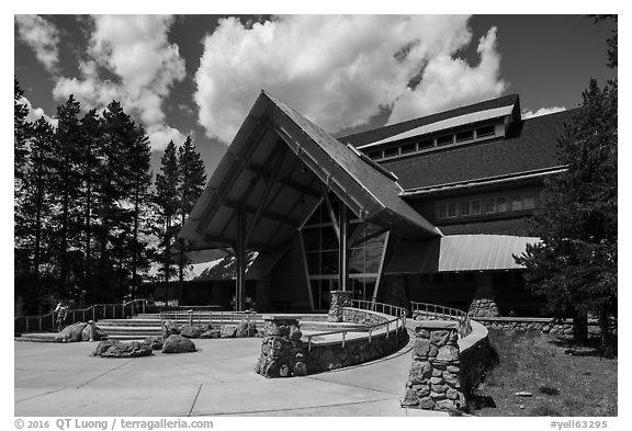 Old Faithful visitor education center. Yellowstone National Park (black and white)
