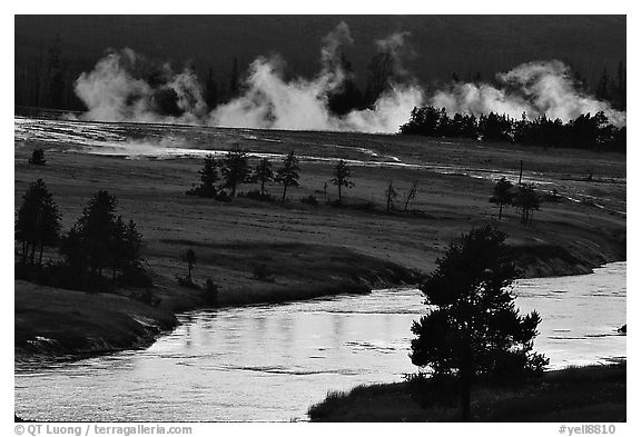 Midway Geyser Basin along the Firehole River. Yellowstone National Park (black and white)