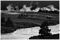 Midway Geyser Basin along the Firehole River. Yellowstone National Park, Wyoming, USA. (black and white)