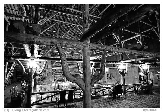Wooden structures inside Old Faithful Inn. Yellowstone National Park (black and white)