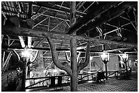 Wooden structures inside Old Faithful Inn. Yellowstone National Park, Wyoming, USA. (black and white)