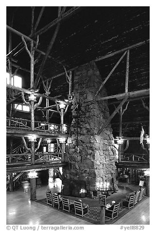 Chimney in main hall of Old Faithful Inn. Yellowstone National Park, Wyoming, USA.