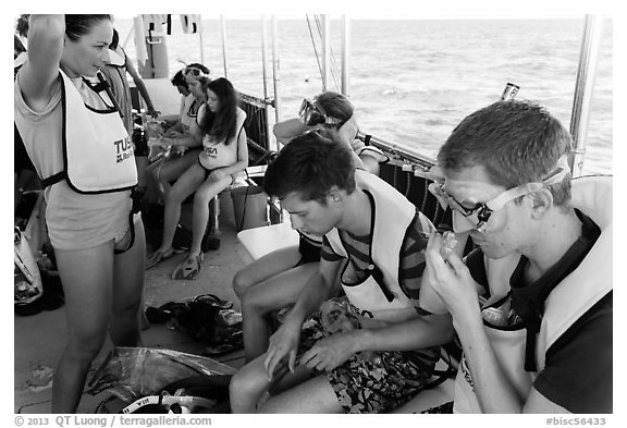 Snorklers getting ready on boat. Biscayne National Park (black and white)