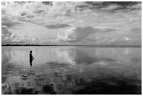 Park visitor looking, standing in glassy Biscayne Bay. Biscayne National Park, Florida, USA. (black and white)