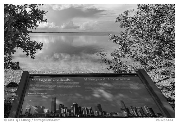 Miami in the distance and interpretive sign. Biscayne National Park, Florida, USA.